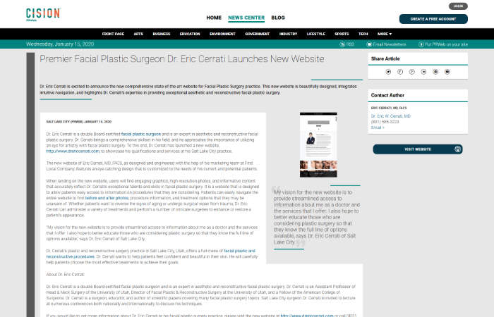Cision article: Premier Facial Plastic Surgeon Dr. Eric Cerrati Launches New Website