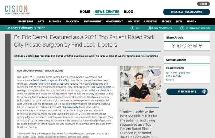 Screenshot of an article titled: Dr. Eric Cerrati Featured as a 2021 Top Patient Rated Park City Plastic Surgeon by Find Local Doctors