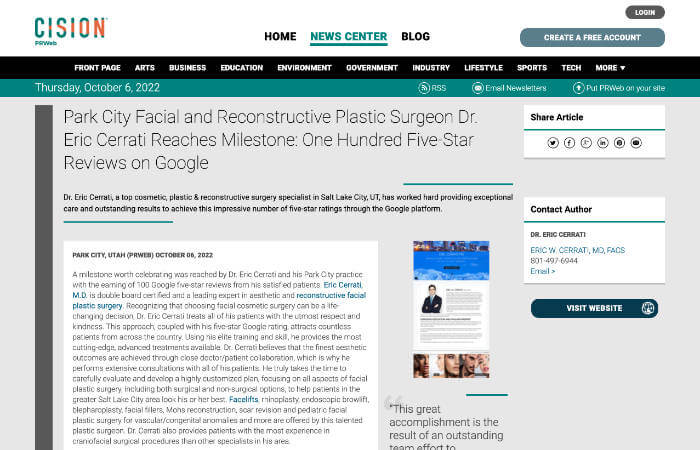 Screenshot of an article - Park City Facial and Reconstructive Plastic Surgeon Dr. Eric Cerrati Reaches Milestone: One Hundred Five-Star Reviews on Google