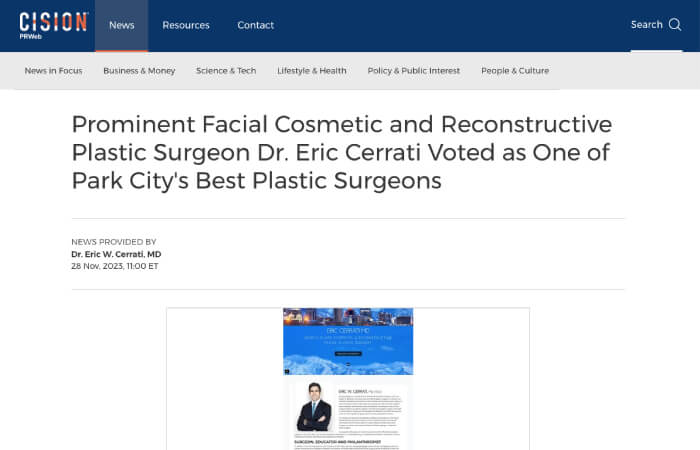 Screenshot of an article - Prominent Facial Cosmetic and Reconstructive Plastic Surgeon Dr. Eric Cerrati Voted as One of Park City's Best Plastic Surgeons