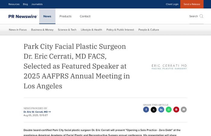 Screenshot of an article titled: Park City Facial Plastic Surgeon Dr. Eric Cerrati, MD FACS, Selected as Featured Speaker at 2025 AAFPRS Annual Meeting in Los Angeles