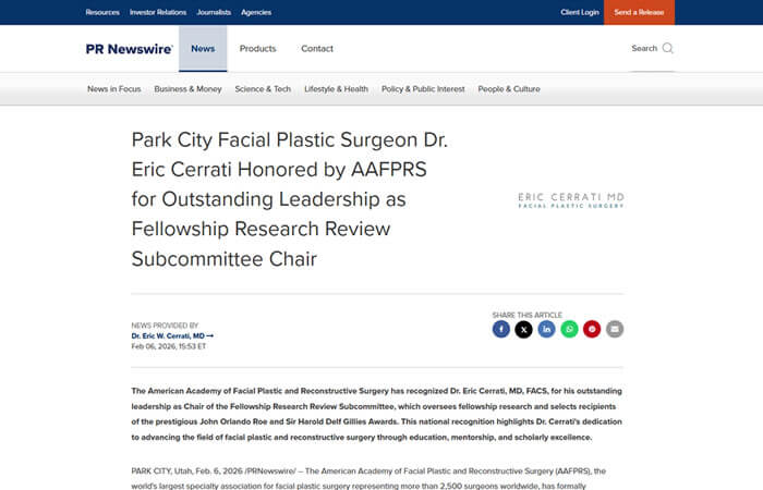 Screenshot of a PR Newswire article announcing Dr. Eric Cerrati's recognition by AAFPRS for his leadership as Fellowship Research Review Subcommittee Chair.