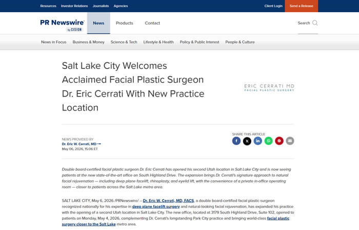 screenshot of article titled: Salt Lake City Welcomes Acclaimed Facial Plastic Surgeon Dr. Eric Cerrati With New Practice Location