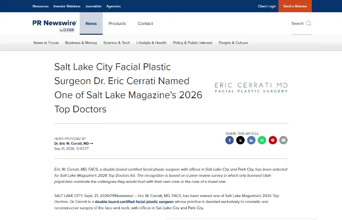Screenshot Salt Lake City Facial Plastic Surgeon Dr. Eric Cerrati Named One of Salt Lake Magazine's 2026 Top Doctors
